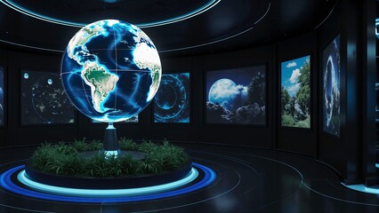 Control room with a glowing 3d holographic earth in the center, showing North and South America in vivid detail.