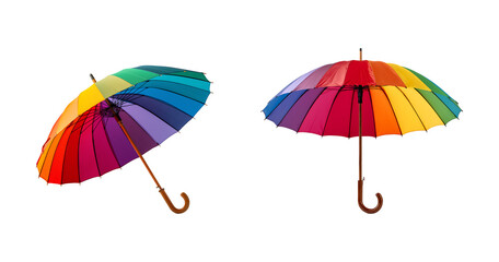 Two Different Positions of Brightly Colored Rainbow Umbrella with Transparent Background