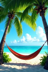 Empty hammock sways gently beneath lush Fiji palm trees , tranquility, warmth, ocean