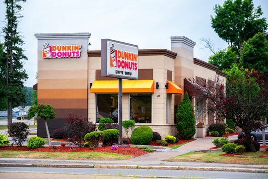Whitesboro, NY - Jul 31, 2025: Dunkin' Donuts is an American coffee and doughnut Co., and a quick service restaurant with 12,000 locations in 36 countries, serving more than 3 million customers daily