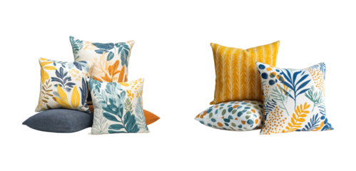 Stylish Home Decor: Stack of Patterned Botanical Throw Pillows on a transparent background