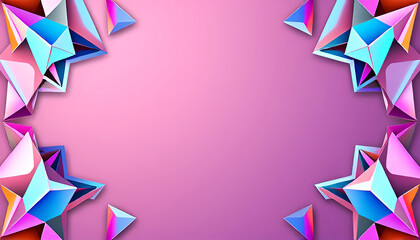 Abstract Holographic Faceted Geometric Shapes Frame in Neon Pink, Purple, Blue Tones: Symmetrical Border on Soft Gradient Lilac Background for Modern Futuristic Graphic