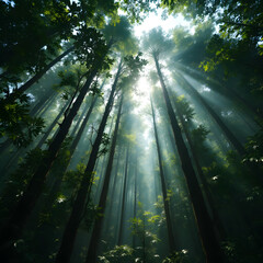 Obraz premium Sunlight piercing through the dense canopy of a tall, misty forest, creating dramatic light rays and a serene atmosphere.