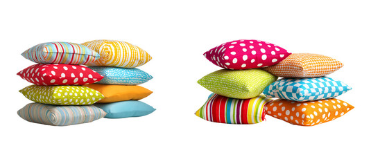 A stack of two colorful decorative pillows with vibrant patterns and plain ones on a transparent background.