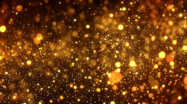 Enchanting golden light particles shimmering like festive dust, creating a dazzling bokeh effect on a dark background for celebrations