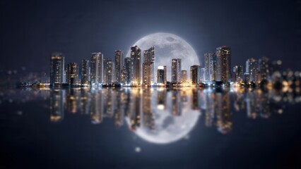Stunning Nighttime Cityscape with Reflected Skyscrapers and Full Moon in Dramatic Urban Skyline Photography