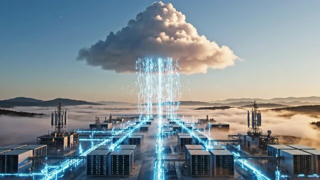 Abstract representation of cloud computing data stream connecting to server racks in a data center with a misty landscape background