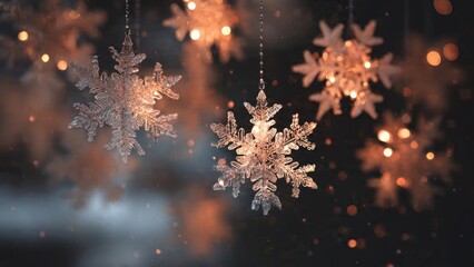 Elegant Snowflakes Hanging Against a Softly Glowing Winter Background with Warm Festive Lights and Gentle Flurries