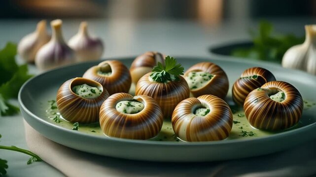 Delicious french escargots de bourgogne cooked with garlic and herbs served on a plate for a gourmet meal