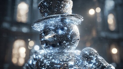 Glittering Snowman Sculpture with Festive Lights in a Magical Winter Wonderland Setting at Night