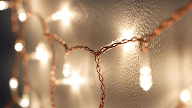 String of light with copper wire. Decorative illumination with LED bulb lights for holiday season. Christmas time home decoration.