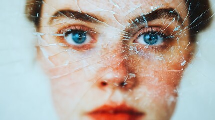 A close-up of a person's face with striking blue eyes, partially obscured by a cracked glass surface, conveying emotions of fragility and vulnerability.