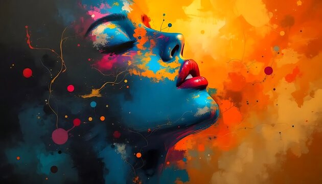 Vibrant abstract portrait of a woman s face exploding with colorful splashes and paint strokes