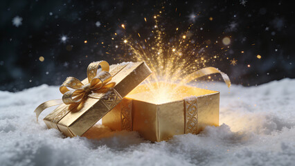 Golden gift box with glowing sparkles opening in snowy landscape at night
