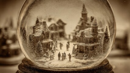 Charming Vintage Snow Globe Displaying Quaint Winter Village Scene with People and Historic Buildings in Sepia Tone