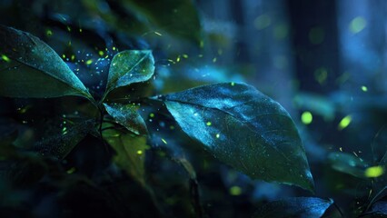 Enchanting Forest Foliage Illuminated by Magical Fireflies Under a Mystical Night Sky in Serene Woodland