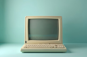 Retro beige computer with integrated keyboard sits on a pastel blue surface. The CRT monitor screen is dark, ready for use. This vintage tech evokes nostalgia and early digital eras.