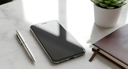 Modern workspace essentials with smartphone and notebook on marble desk