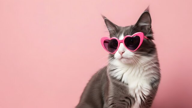 A fashionable feline model wearing trendy pink heart shaped sunglasses on a pastel pink background