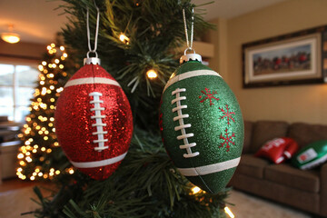 Close-up of a decorative Christmas ball ornament shaped like a football, hanging on a blurred, illuminated pine tree