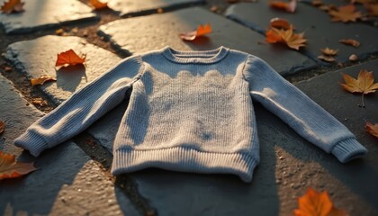 Grey knitted sweater with crew neck rests on stone ground scattered with fallen autumn leaves. Warm garment signifies cozy fall season style. Soft fabric detail emphasizes comfortable winter apparel.
