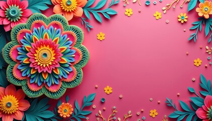 Colorful floral mandala decorates a bright pink background with scattered small flowers and leaves. Design elements suggest festive or celebratory themes like invitations or cards.