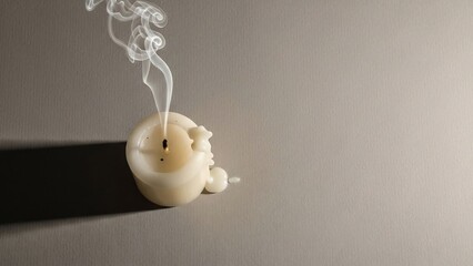 A partially burned, creamy white candle with a wick that has just been extinguished, releasing a wispy plume of white smoke against a muted gray background.