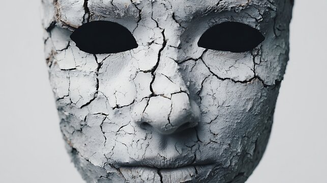 A haunting, cracked mask with hollow eye sockets, evoking themes of desolation and emotionless beauty.