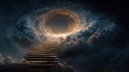 Ethereal Stairway Ascending into Mystical Clouds Illuminated by Divine Light in Surreal Dreamlike Landscape of Imagination