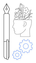 Head with flowers symbolizing creativity, gears representing innovation, and fountain pen for ideas. Ideal for education, creative processes, problem-solving, personal growth, brainstorming, design