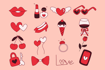 set of hand drawn doodle valentine ornament for design red hearts and flowers valentine day 	