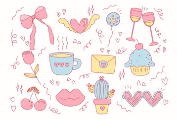 set of hand drawn doodle valentine ornament for design red hearts and flowers valentine day 	