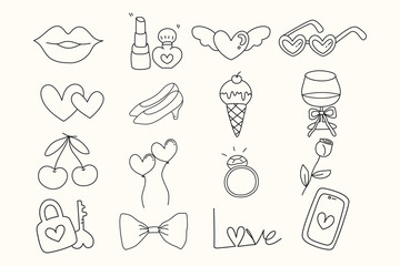 set of hand drawn doodle valentine ornament for design red hearts and flowers valentine day 	