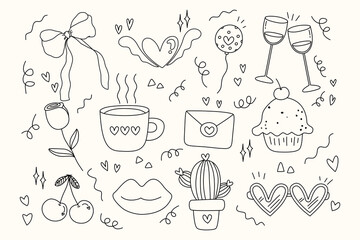 set of hand drawn doodle valentine ornament for design red hearts and flowers valentine day 	