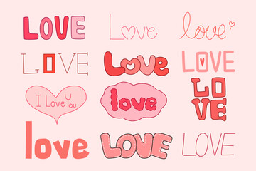 set of hand drawn doodle valentine ornament for design red hearts and flowers valentine day 	