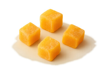 Four small orange cheese cubes on transparent background