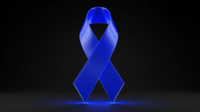 A realistic 3d render of a bright royal blue awareness ribbon with a glossy satin texture, casting a soft blue glow on a dark, reflective surface. - Powered by Adobe