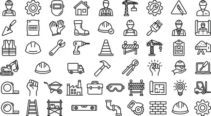 Construction safety icon set, building worker symbols, tools, equipment, industry, engineering, repair, maintenance outline vector illustration collection