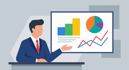 Flat vector illustration of a banker analyzing financial charts, abstract charts and graphs, solid colour blocks, clean flat vector style, minimal detail illustration