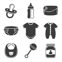 set of clothing icons with silhouettebaby, bottle, cup, coffee, cooking, restaurant, black, drink, food black and white icons set