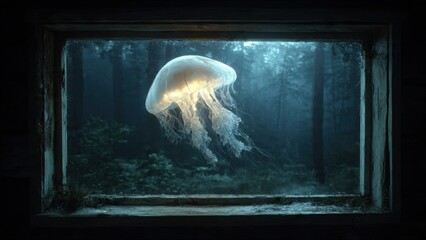 Mystical Jellyfish Illuminating a Dark Forest Through an Enchanted Window at Night for a Surreal and Dreamlike Experience