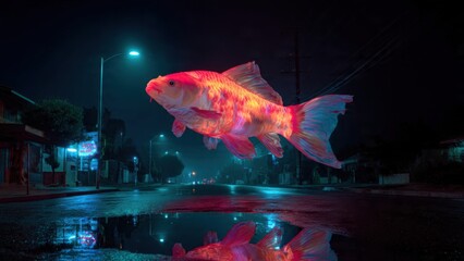 Surreal Neon Koi Fish Floating Above Empty Urban Street at Night with Vibrant City Lights Reflection