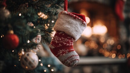 Christmas stocking hanging on festive tree with bokeh lights