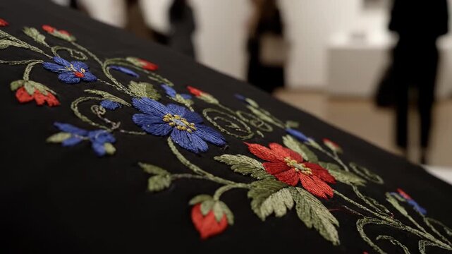 Floral embroidery on dark fabric in art gallery exhibition space