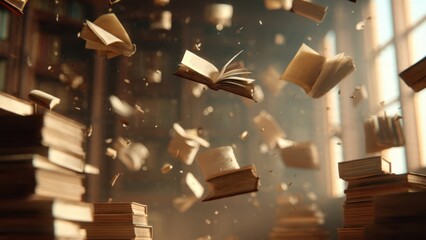 Dramatic Image of Books Suspended in Air with Light Streaming Through Windows in a Spacious Library
