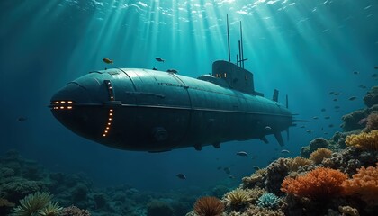 Submarine explores vibrant coral reef teeming with fish. Sunlight beams through ocean water. Underwater exploration vessel navigates deep blue sea exploring marine life.