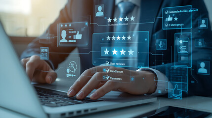 A professional business scene features a person in a suit working on a laptop at a desk, accompanied by futuristic holographic UI elements. Transparent digital panels show five-star rating.
