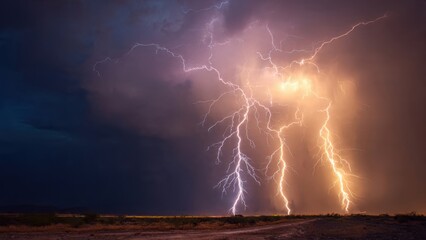 Dramatic Lightning Strikes Illuminate Dark Stormy Night Sky Over Expansive Desert Landscape with Intense Thunderstorm Activity