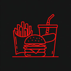 Red Neon Fast Food Icon with Burger, Fries, and Soda
