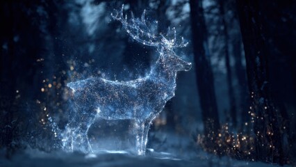 Mysterious Glowing Deer in Enchanted Forest with Ethereal Light Amidst Magical Nighttime Woodland Scene